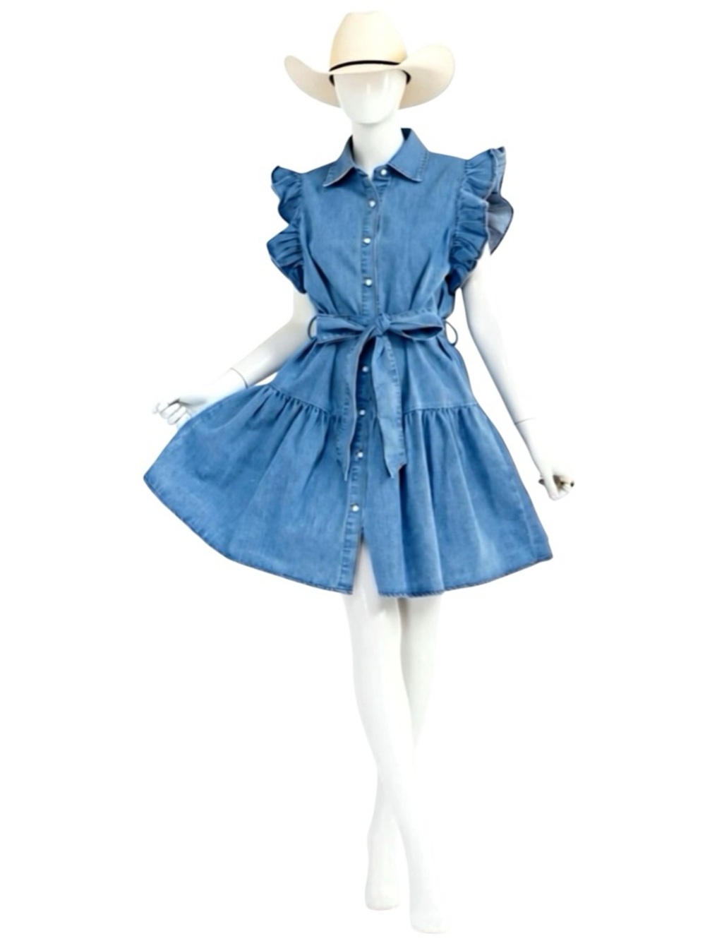 GEE GEE ruffle sleeve button front denim mix dress S M L